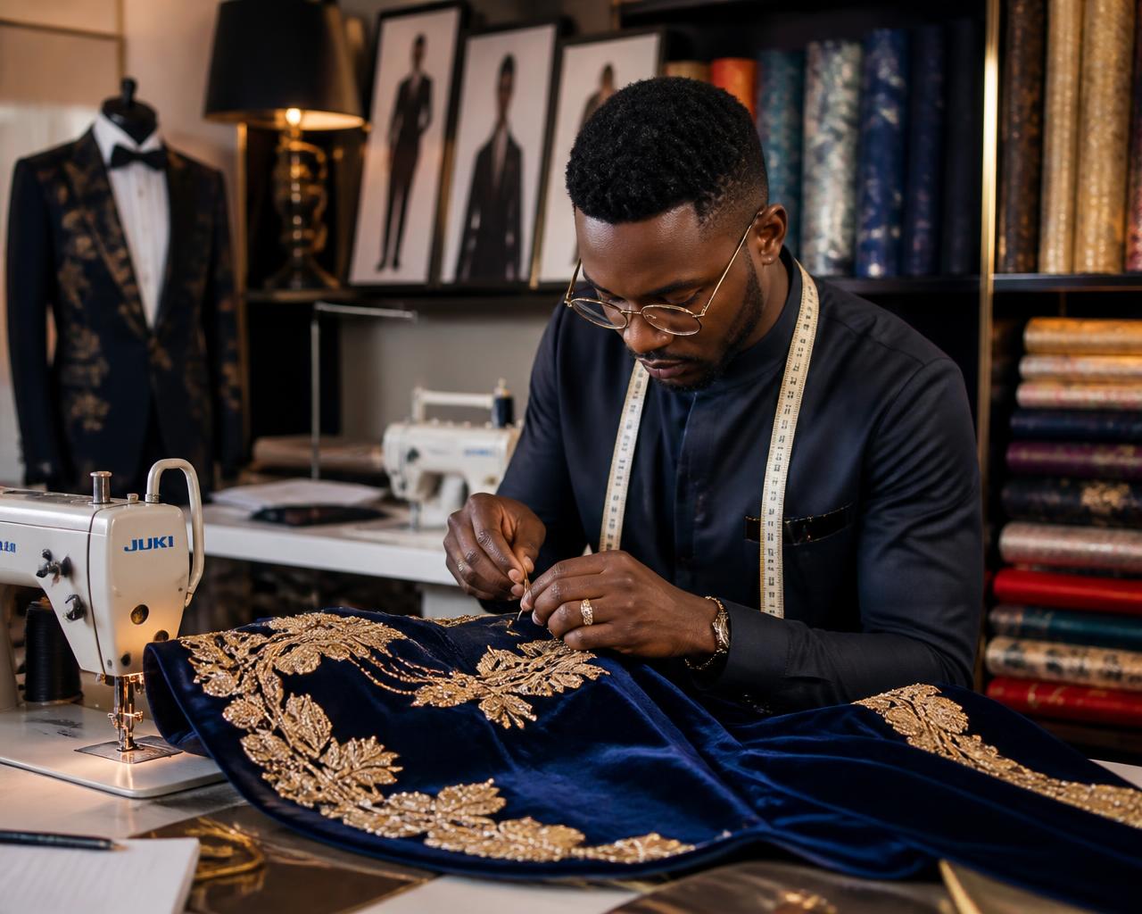 Designer hand-finishing a custom garment in the atelier